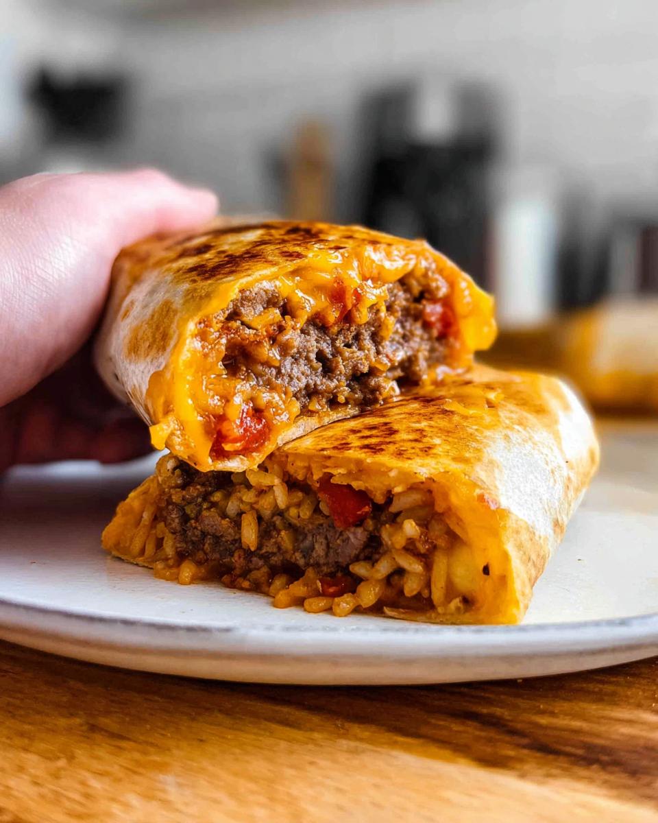A close-up of a grilled cheese burrito copycat recipe, cut in half, revealing seasoned ground beef, rice, and melted cheese.