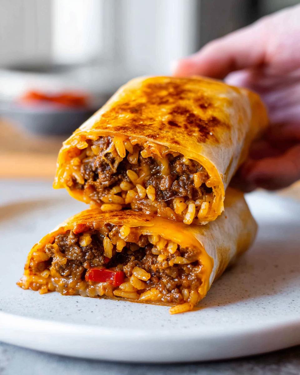 Close-up of a halved Easy Grilled Cheese Burrito Copycat Recipe showing seasoned ground beef, rice, and cheese filling.