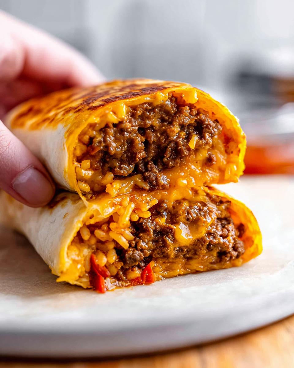 A close-up of a halved Easy Grilled Cheese Burrito Copycat Recipe, showing seasoned ground beef, rice, and melted cheese.