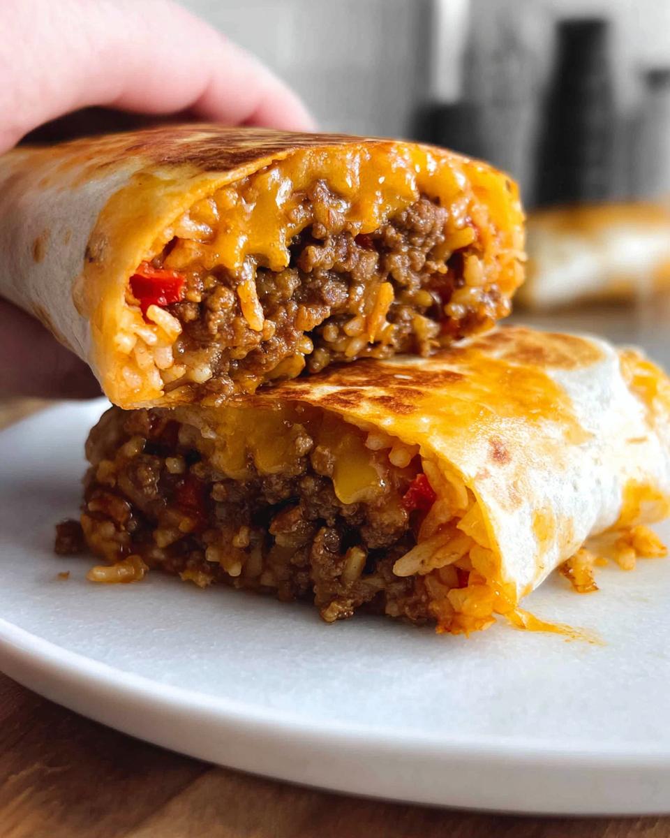 A close-up of a halved Easy Grilled Cheese Burrito Copycat Recipe, showing seasoned ground beef, rice, and melted cheese inside a golden-brown tortilla.