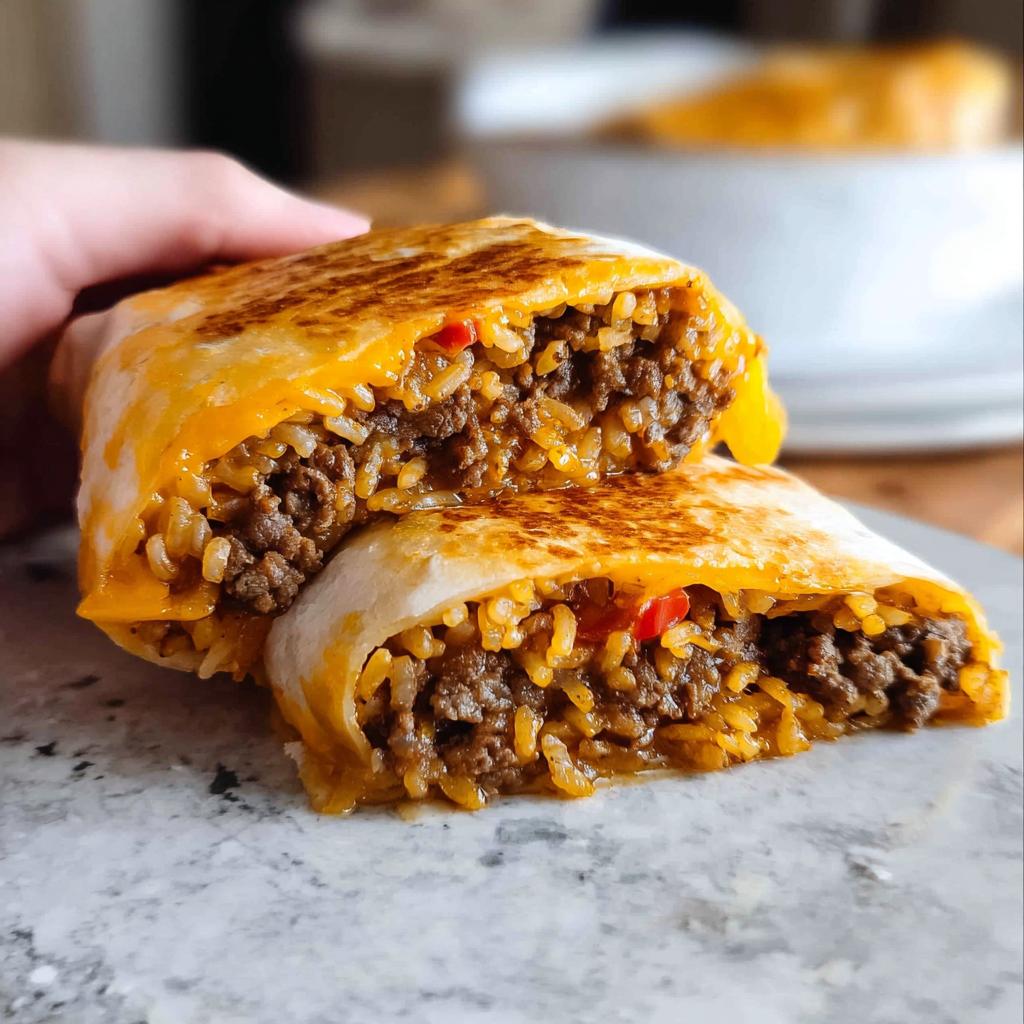 A close-up of an Easy Grilled Cheese Burrito Copycat Recipe, cut in half to reveal seasoned ground beef and rice filling with melted cheese.