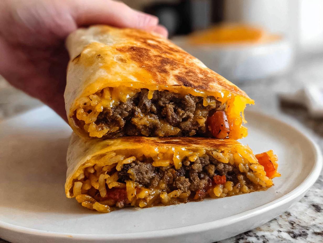 A close-up of an Easy Grilled Cheese Burrito Copycat Recipe, cut in half to show the seasoned ground beef and rice filling.
