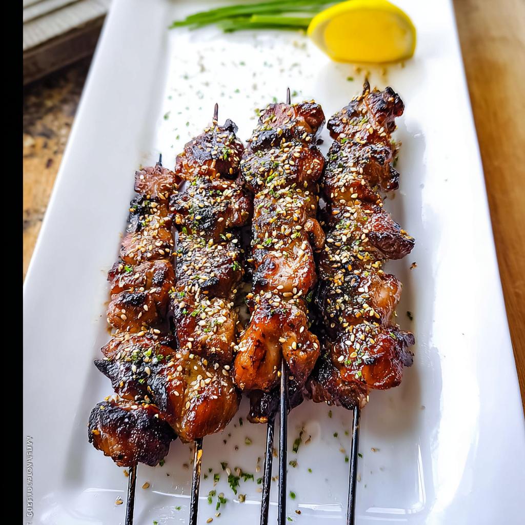 Close-up of delicious Easy Japanese Chicken Yakitori Skewers, glazed and sprinkled with sesame seeds.