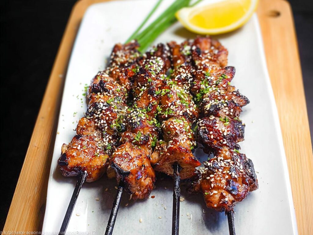 A plate of Easy Japanese Chicken Yakitori Skewers, glazed and sprinkled with sesame seeds and chives, served with a lemon wedge.