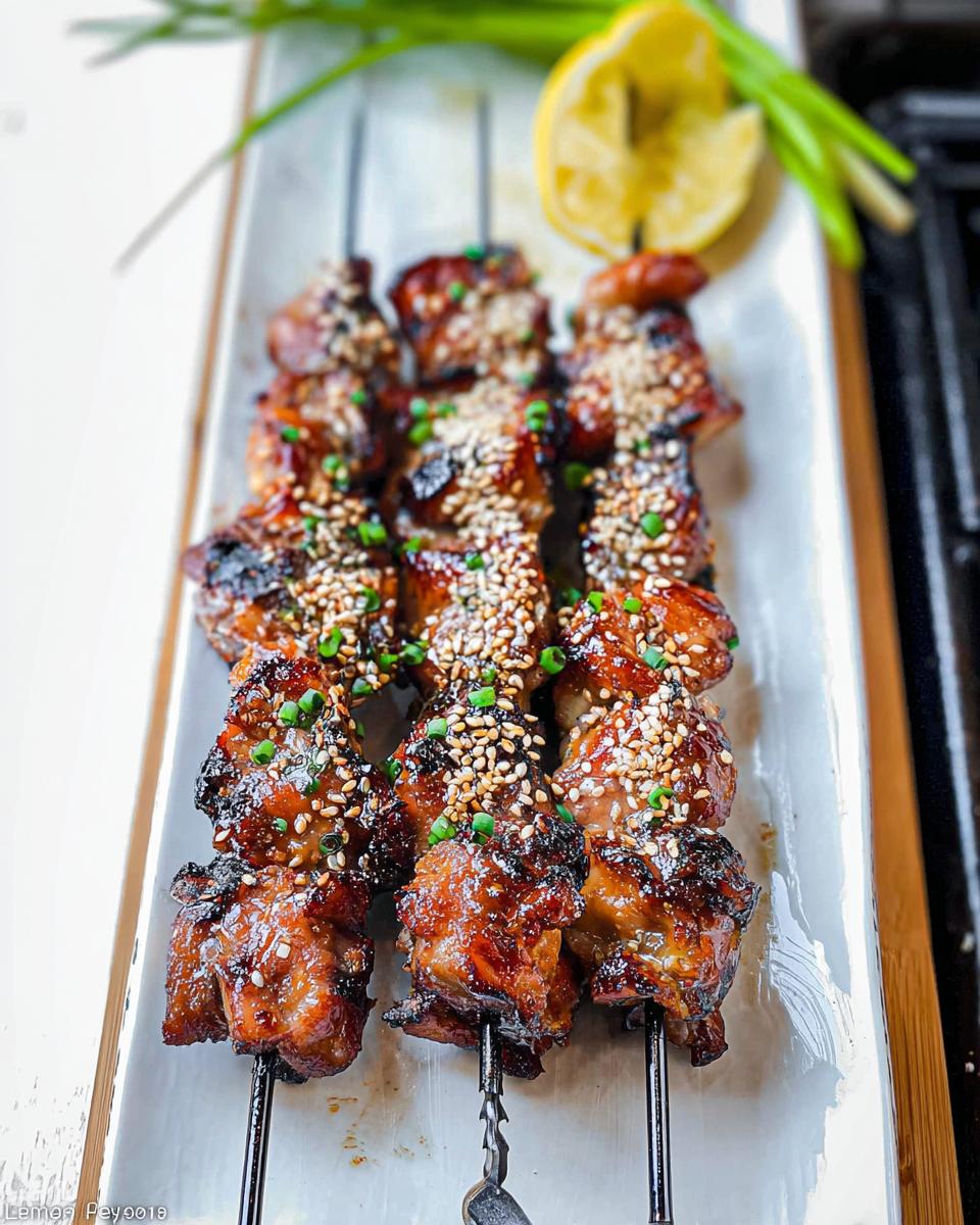 Close-up of Easy Japanese Chicken Yakitori Skewers, glazed and sprinkled with sesame seeds and green onions.