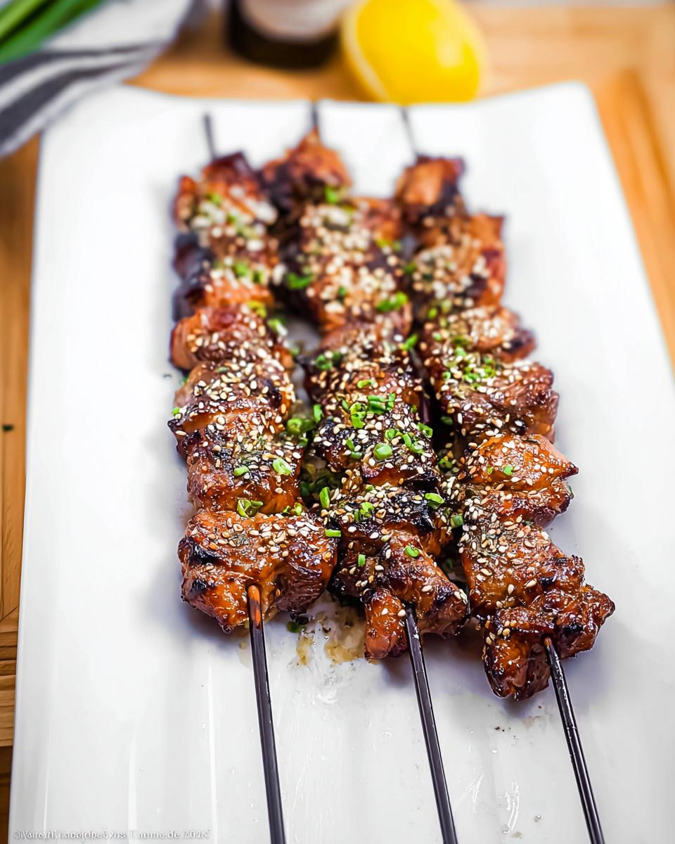 Close-up of Easy Japanese Chicken Yakitori Skewers on a white platter, garnished with sesame seeds and chives.
