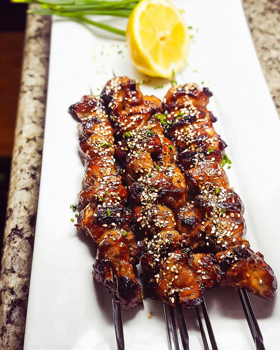 Close-up of Easy Japanese Chicken Yakitori Skewers glazed and sprinkled with sesame seeds and chives.