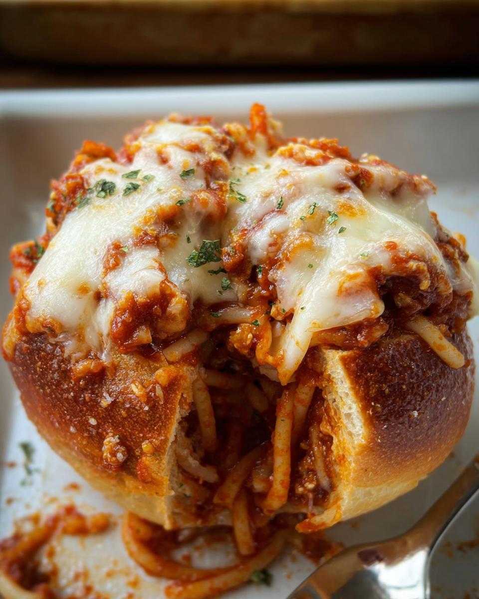 A close-up of an Easy Spaghetti Garlic Bread Bowl overflowing with spaghetti and topped with melted cheese and parsley.