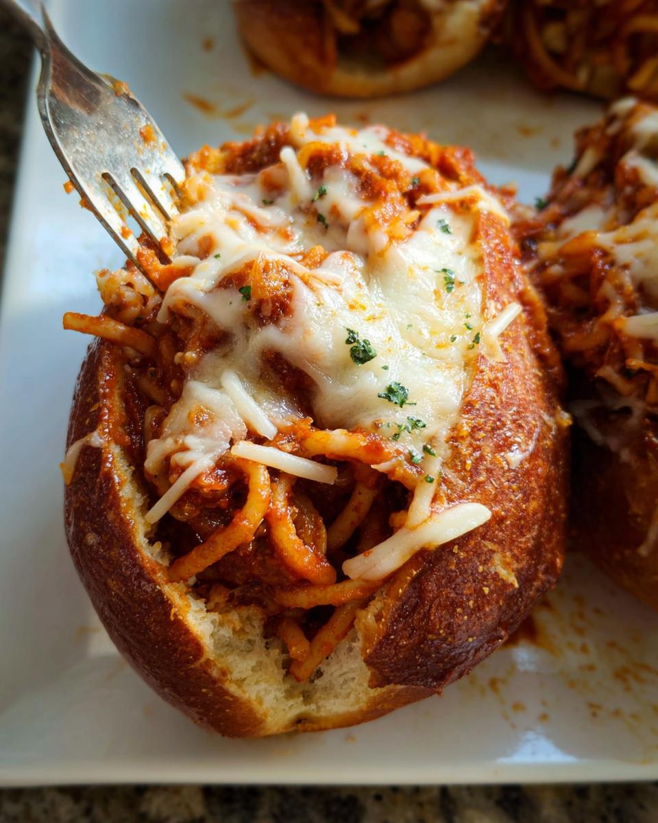 A fork digging into a delicious Easy Spaghetti Garlic Bread Bowl filled with spaghetti and topped with melted cheese.