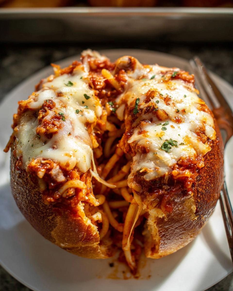 Close-up of an Easy Spaghetti Garlic Bread Bowl overflowing with spaghetti and topped with melted cheese and herbs.