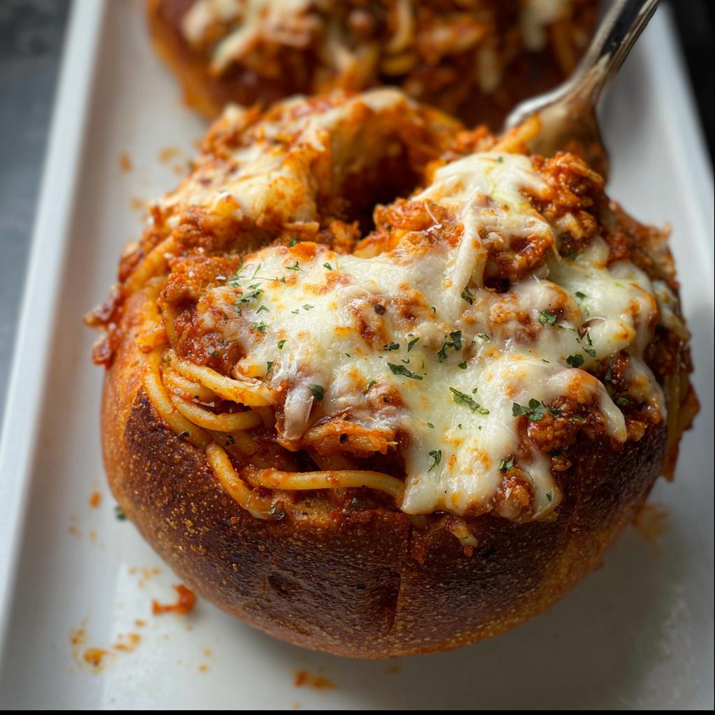 A close-up of an Easy Spaghetti Garlic Bread Bowl overflowing with spaghetti and topped with melted cheese and parsley.