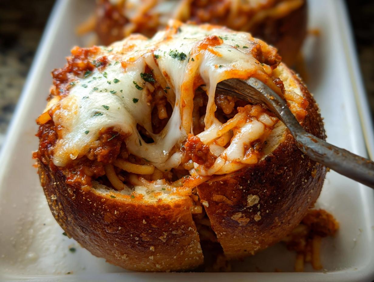 A fork digging into a cheesy Easy Spaghetti Garlic Bread Bowl filled with spaghetti and meat sauce.
