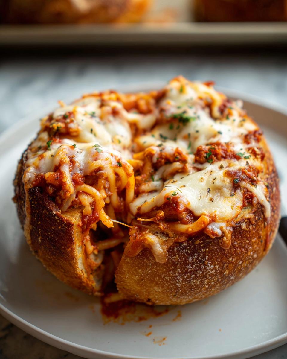 A close-up of an Easy Spaghetti Garlic Bread Bowl overflowing with spaghetti and topped with melted mozzarella cheese and parsley.
