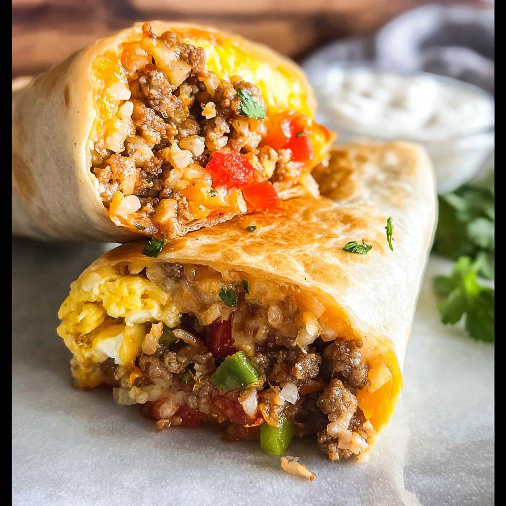 A close-up view of two halves of a delicious and tasty freezer breakfast burrito, filled with scrambled eggs, seasoned ground meat, rice, and diced peppers.