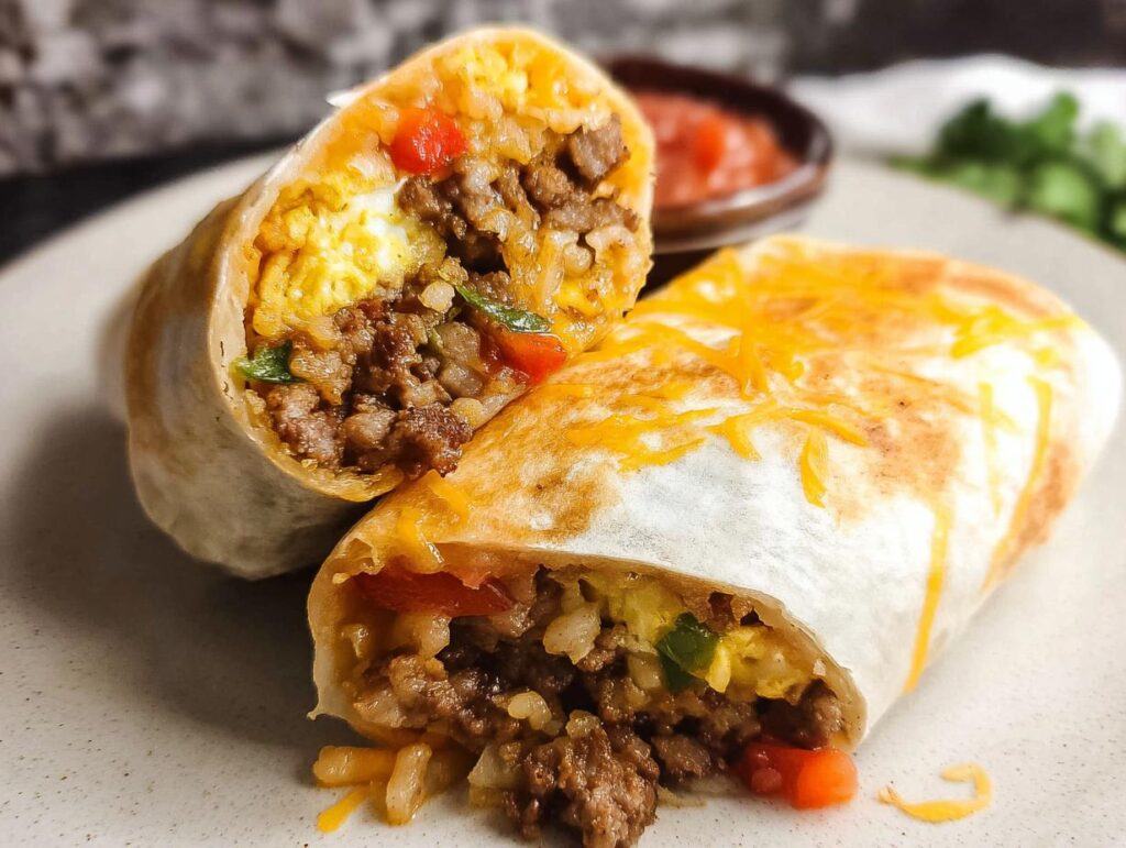 Close-up of a halved Effortless & Tasty Freezer Breakfast Burrito filled with scrambled eggs, seasoned ground meat, rice, and vegetables, topped with melted cheese.