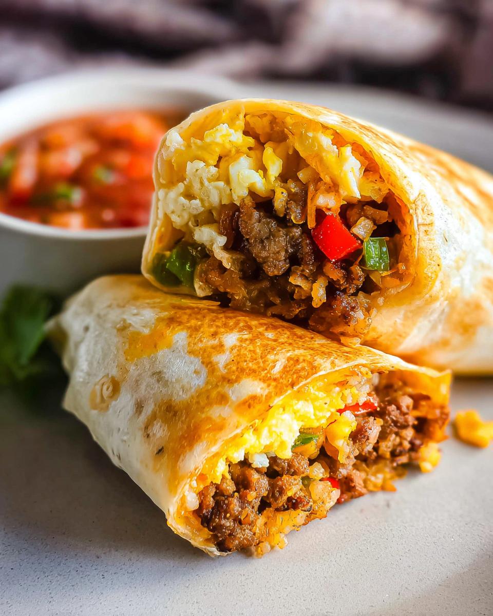 Close-up of a cut breakfast burrito filled with scrambled eggs, seasoned meat, rice, and peppers. Effortless & Tasty Freezer Breakfast Burritos.