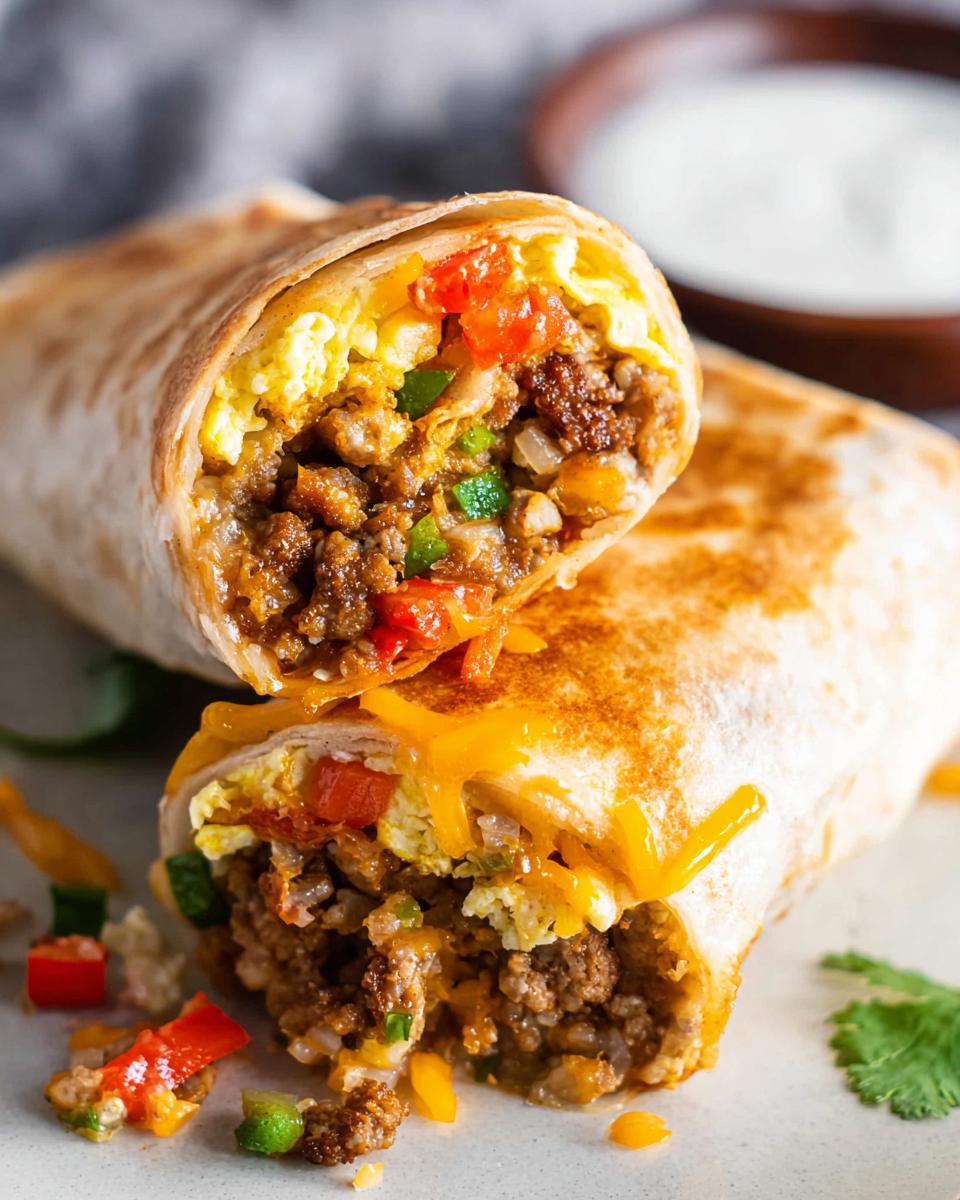 A close-up of a breakfast burrito cut in half, revealing scrambled eggs, sausage, peppers, and melted cheese.