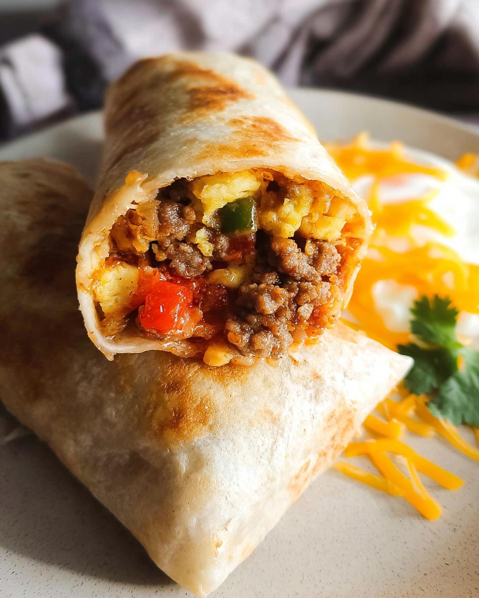 Close-up of a cut breakfast burrito filled with seasoned ground beef, scrambled eggs, potatoes, and peppers, served with shredded cheese.