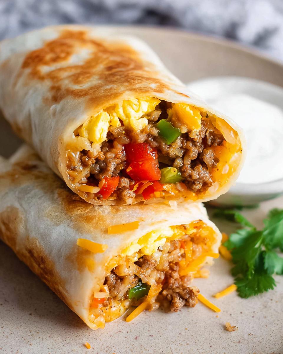 Two halves of a delicious breakfast burrito, filled with scrambled eggs, seasoned ground meat, rice, and colorful bell peppers.