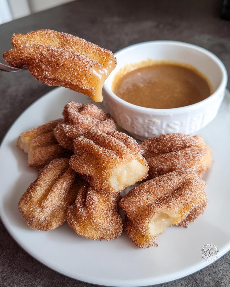 A serving of fluffy air fryer churro bites coated in cinnamon sugar, with one bite being dipped into a caramel sauce.