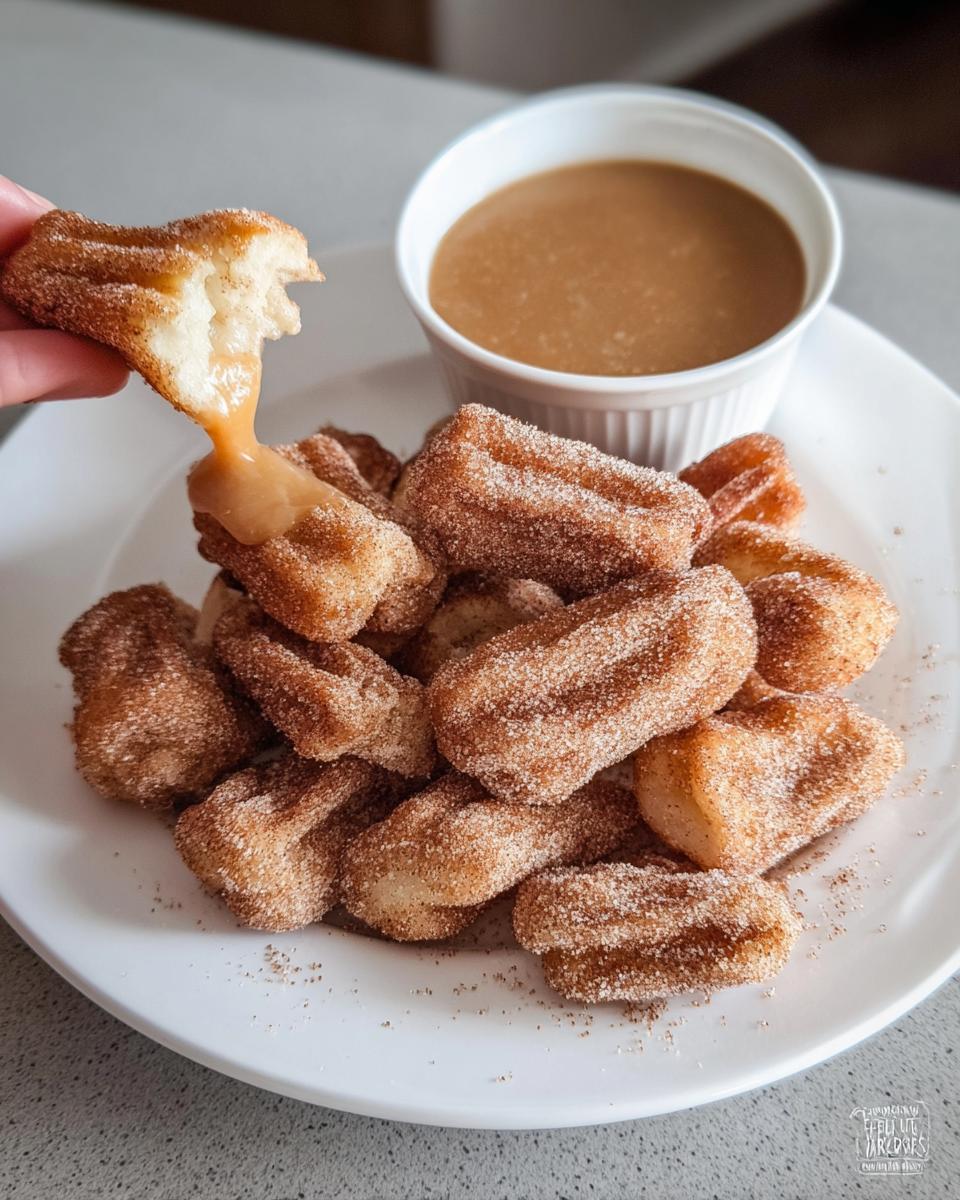 A hand dips a fluffy air fryer churro bite into a caramel sauce, with a pile of churro bites on a white plate.