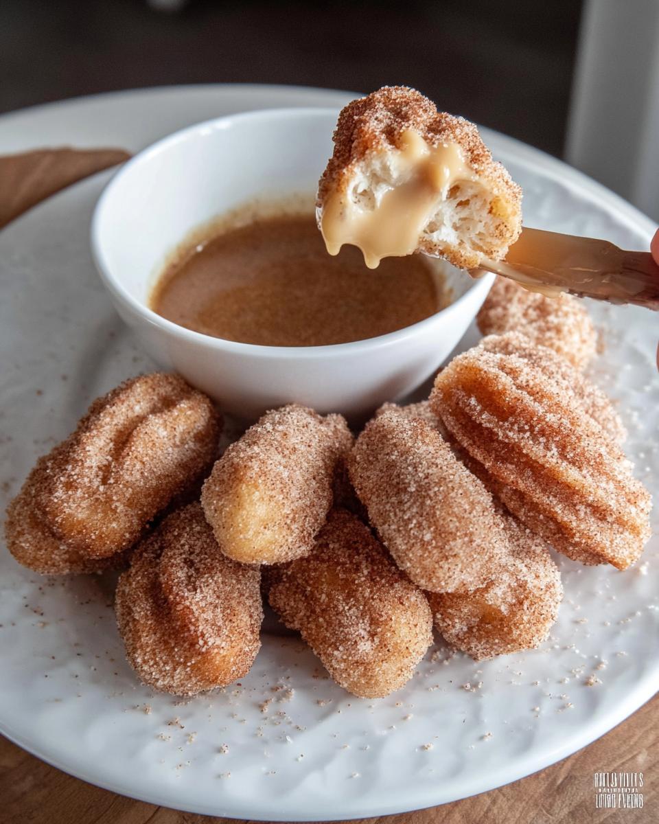 A close-up of fluffy air fryer churro bites coated in cinnamon sugar, with one bite being dipped into a caramel sauce.