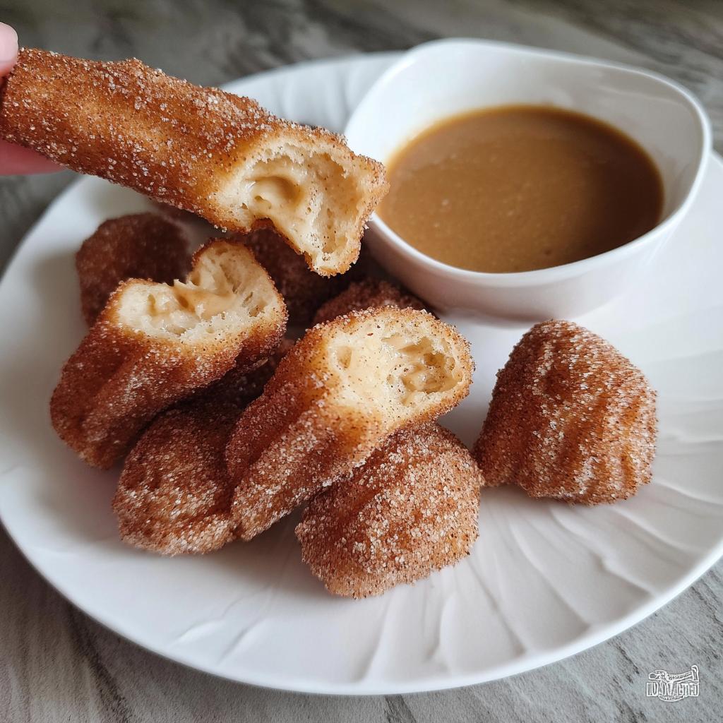 A hand holding a fluffy air fryer churro bite, broken in half to show the airy interior, next to a plate of churro bites and a bowl of caramel dip.
