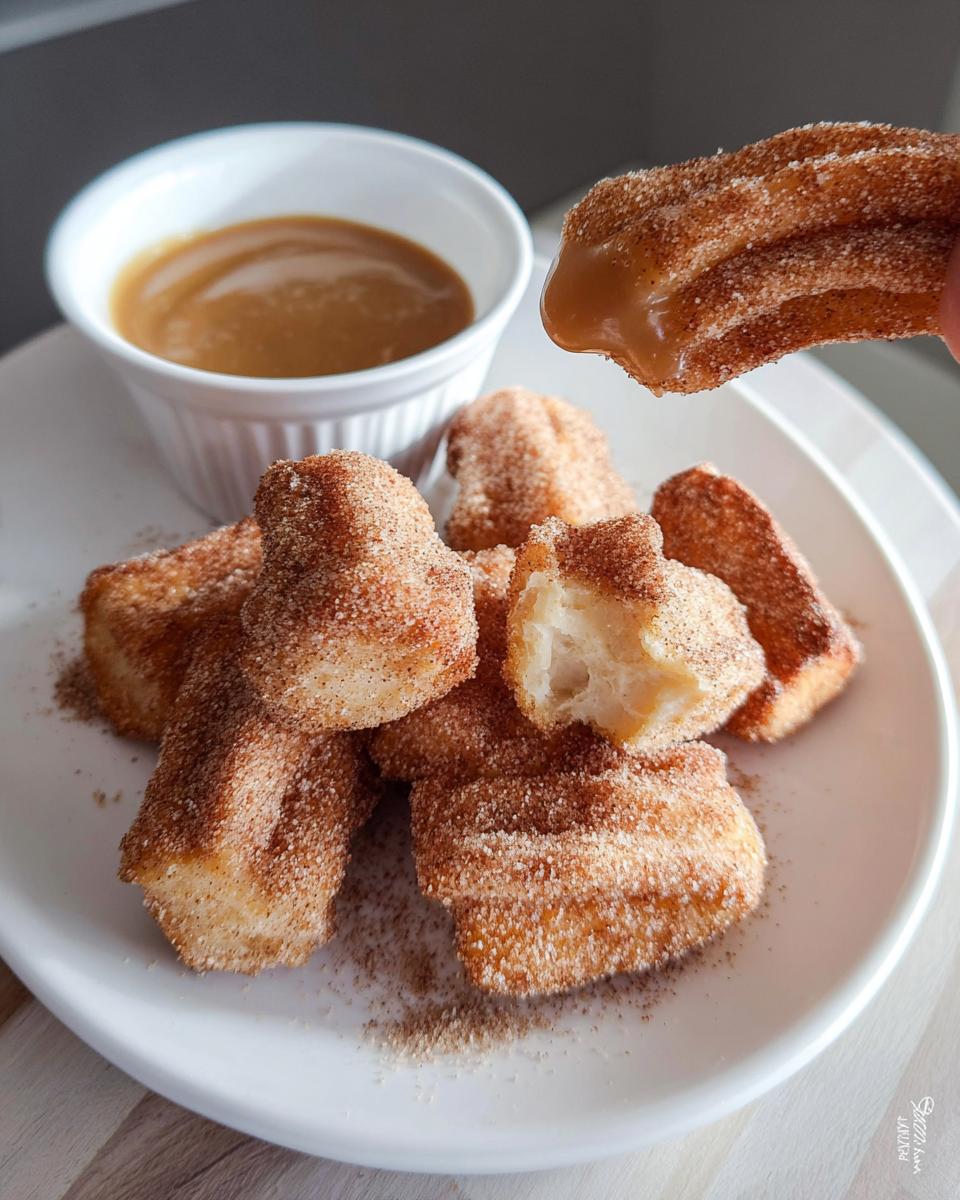 A plate of fluffy air fryer churro bites coated in cinnamon sugar, with a small bowl of caramel dip.