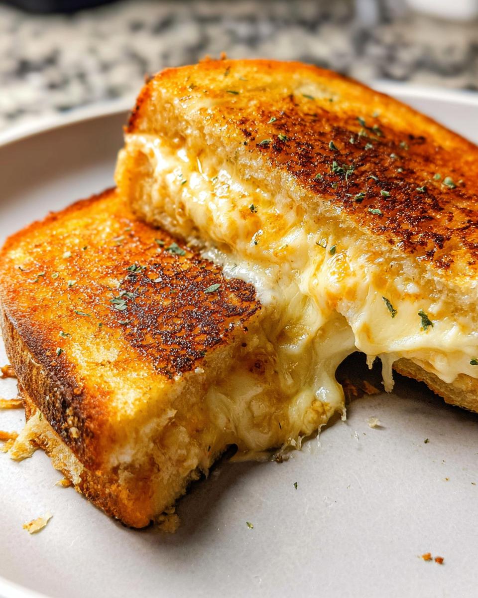 Close-up of a delicious Garlic Bread Grilled Cheese with gooey melted cheese spilling out.
