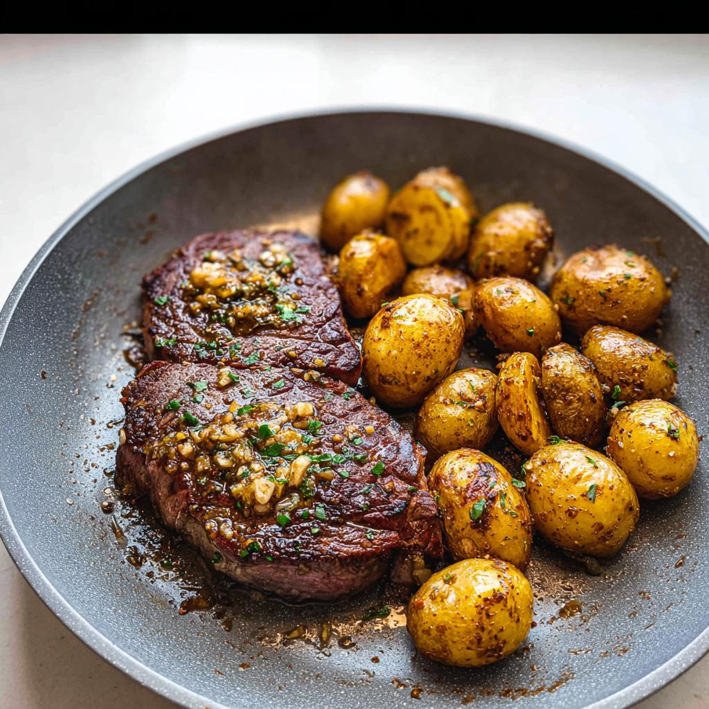 Two juicy steaks topped with garlic butter sauce and herbs, served with roasted potatoes in a skillet. Garlic Butter Steak and Potatoes Skillet.