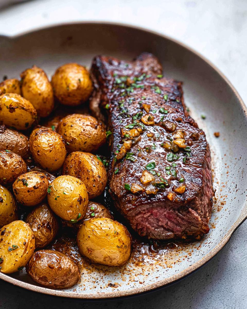 A close-up of a juicy Garlic Butter Steak and Potatoes Skillet, showing the steak's medium-rare center and golden-brown roasted potatoes.