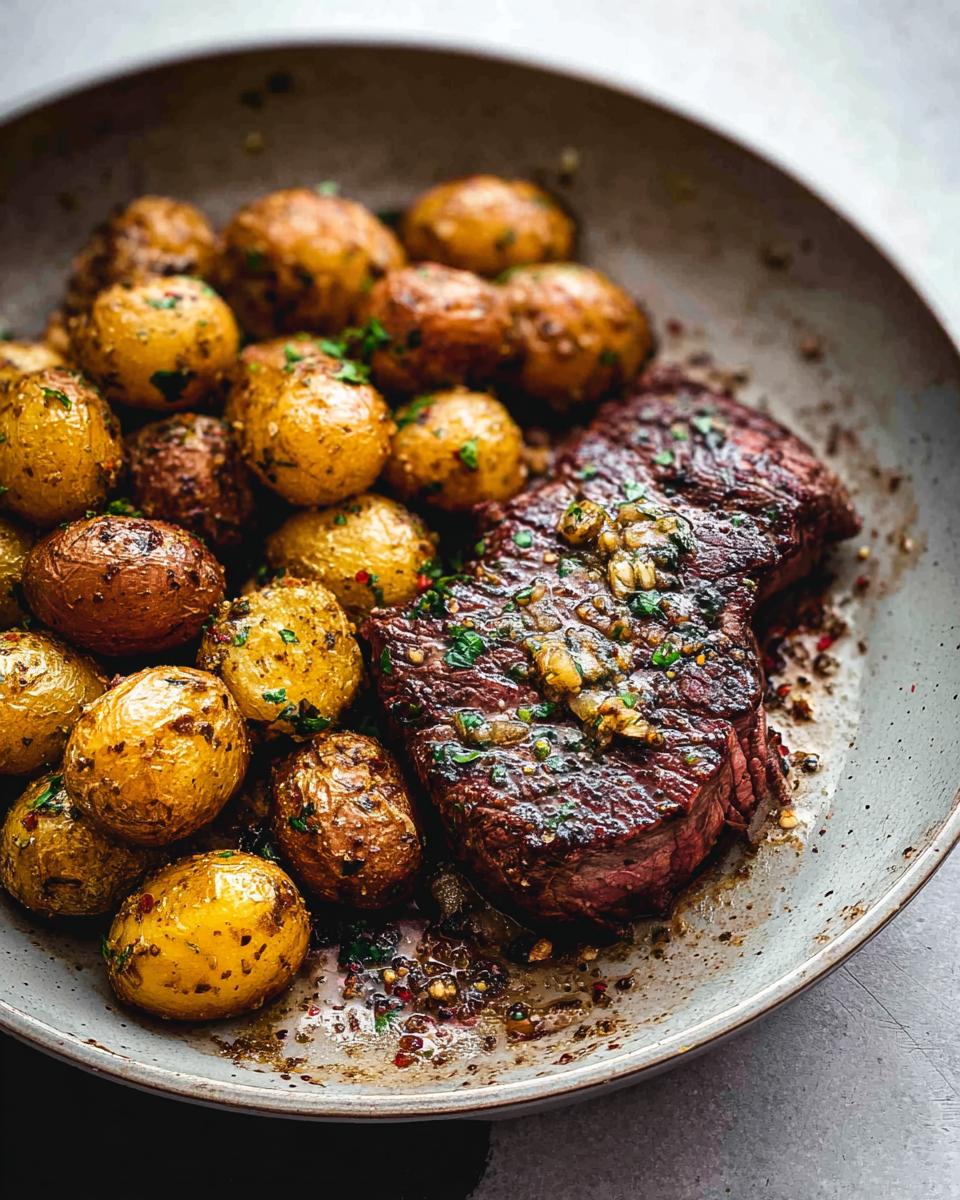 A close-up of a juicy Garlic Butter Steak and Potatoes Skillet, featuring a perfectly cooked steak and golden roasted potatoes.