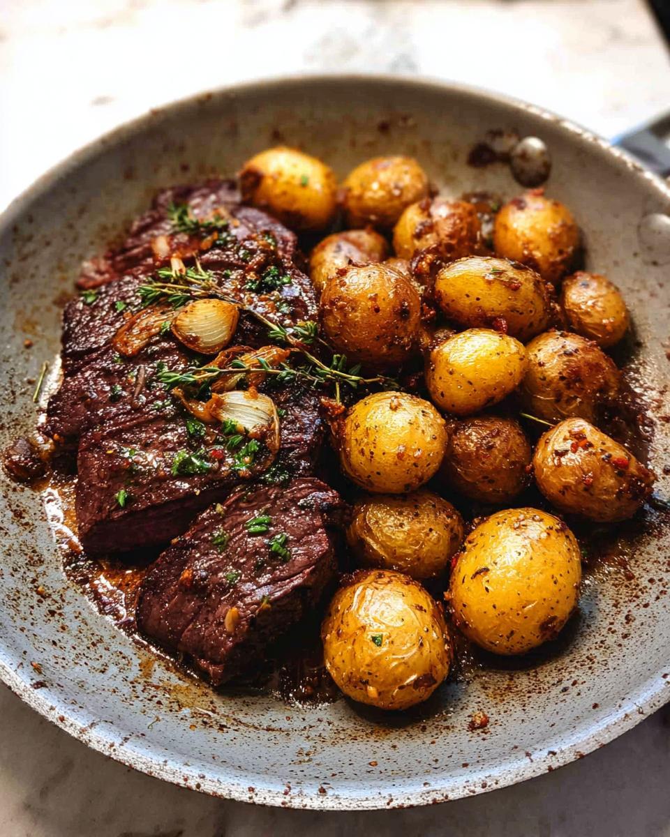 Close-up of Garlic Butter Steak and Potatoes Skillet in a pan, with tender steak and roasted potatoes.