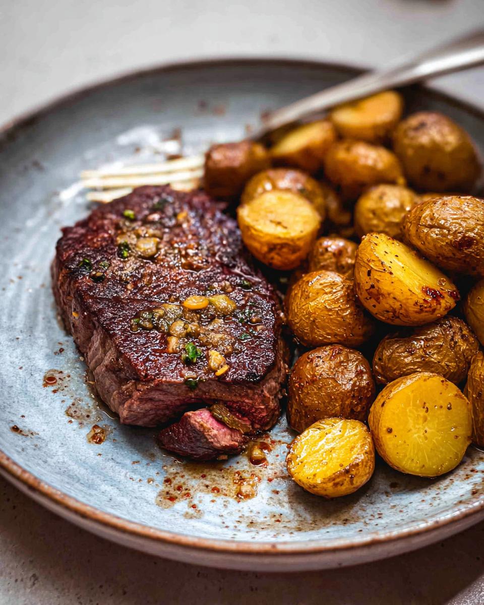 A juicy Garlic Butter Steak and Potatoes Skillet served on a rustic plate with a fork.