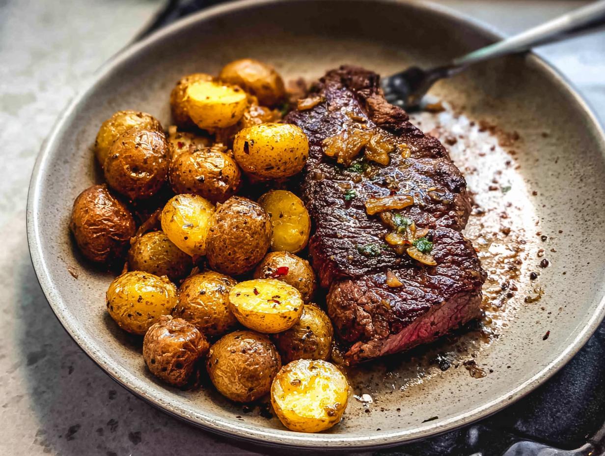 A juicy steak and roasted potatoes in a skillet, coated in garlic butter sauce.