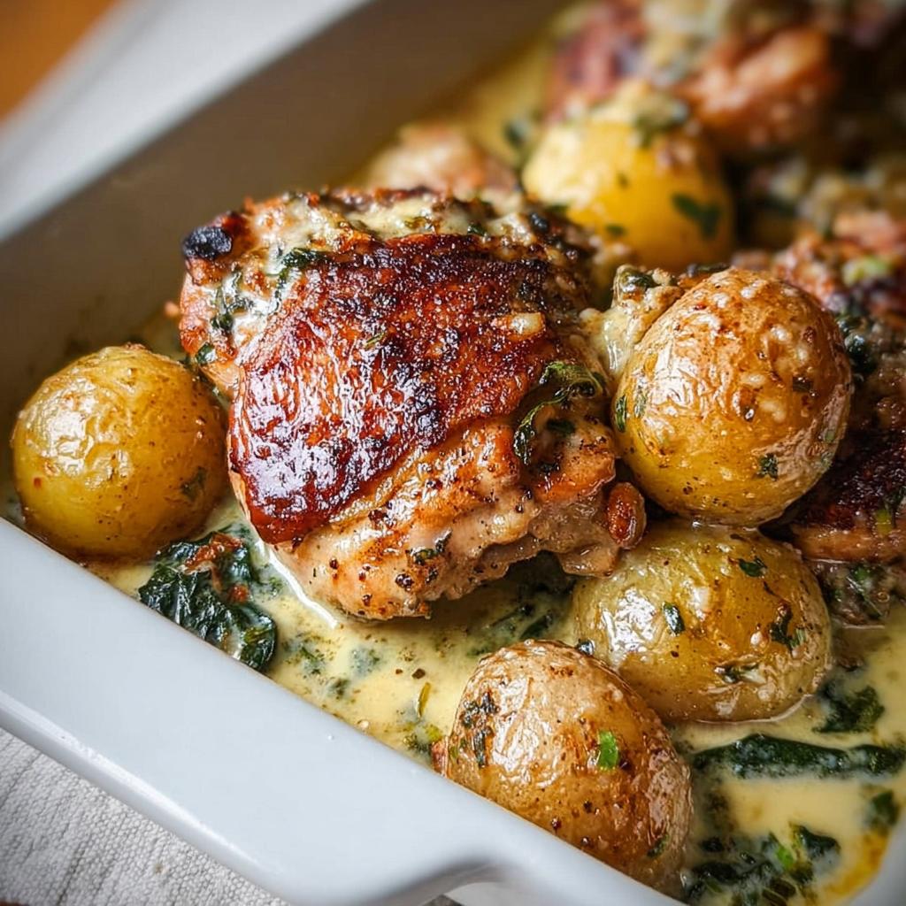 Close-up of juicy Garlic Parmesan Chicken Thighs and Potatoes baked in a creamy sauce with herbs.