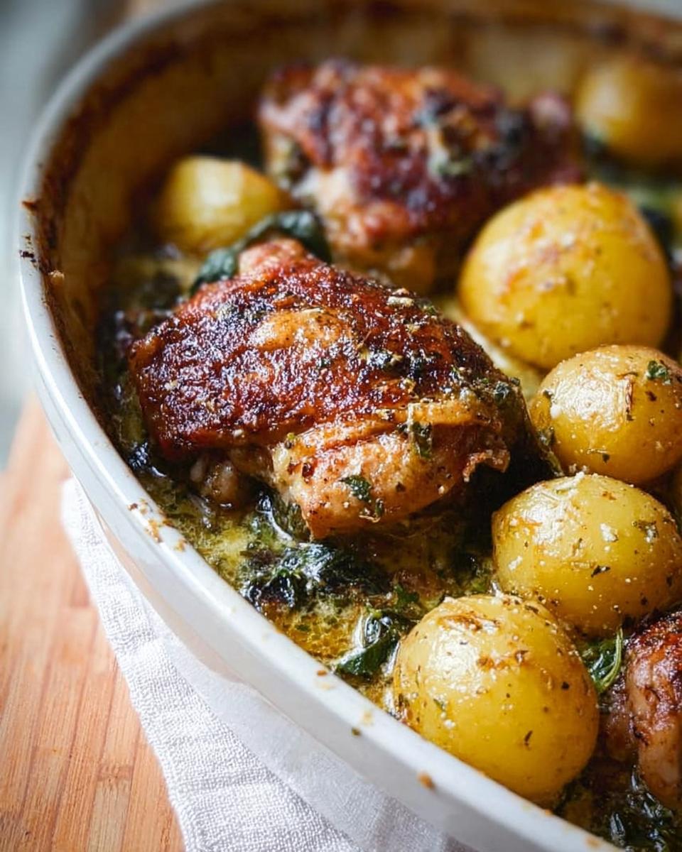 Close-up of golden brown Garlic Parmesan Chicken Thighs and Potatoes baked in a creamy sauce with herbs.
