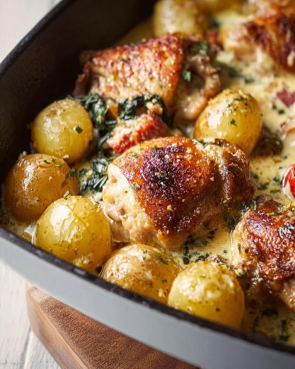 Close-up of golden-brown Garlic Parmesan Chicken Thighs and Potatoes in a creamy sauce.
