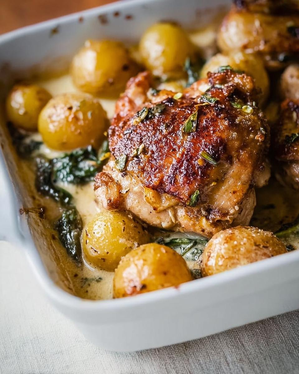 Close-up of baked Garlic Parmesan Chicken Thighs and Potatoes in a white baking dish with creamy sauce and spinach.