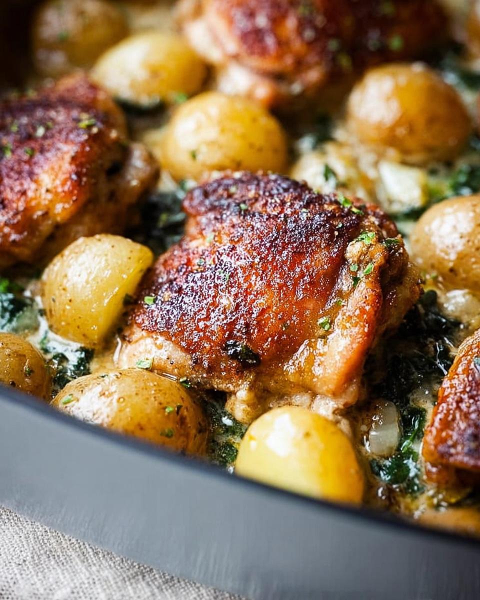 Close-up of juicy Garlic Parmesan Chicken Thighs and Potatoes baked in a dish, garnished with herbs.