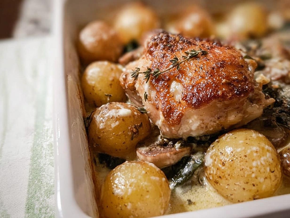Close-up of golden brown Garlic Parmesan Chicken Thighs and Potatoes in a creamy sauce, garnished with thyme.