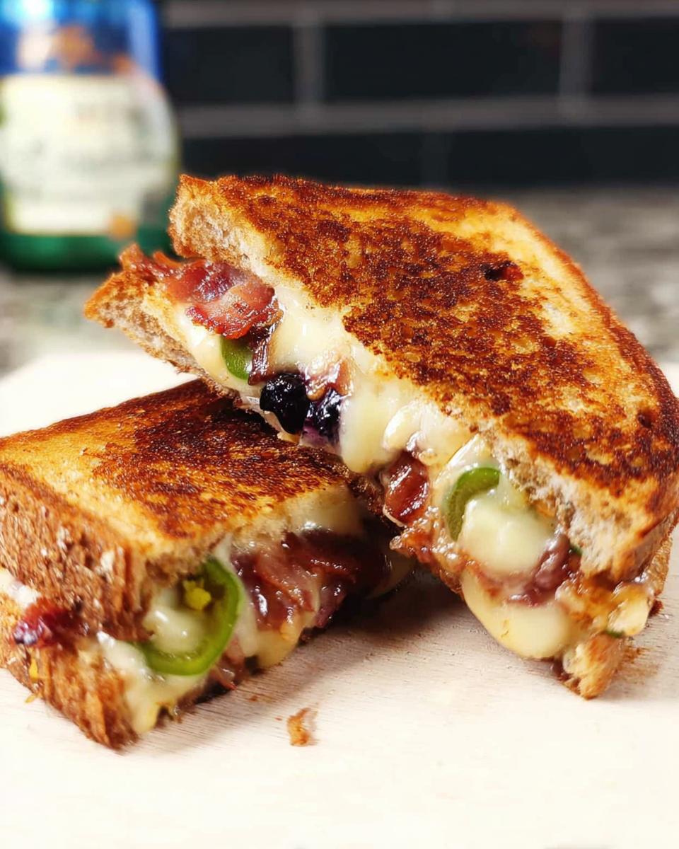 A gourmet blueberry grilled cheese sandwich, cut in half, revealing melted cheese, bacon, and blueberries.