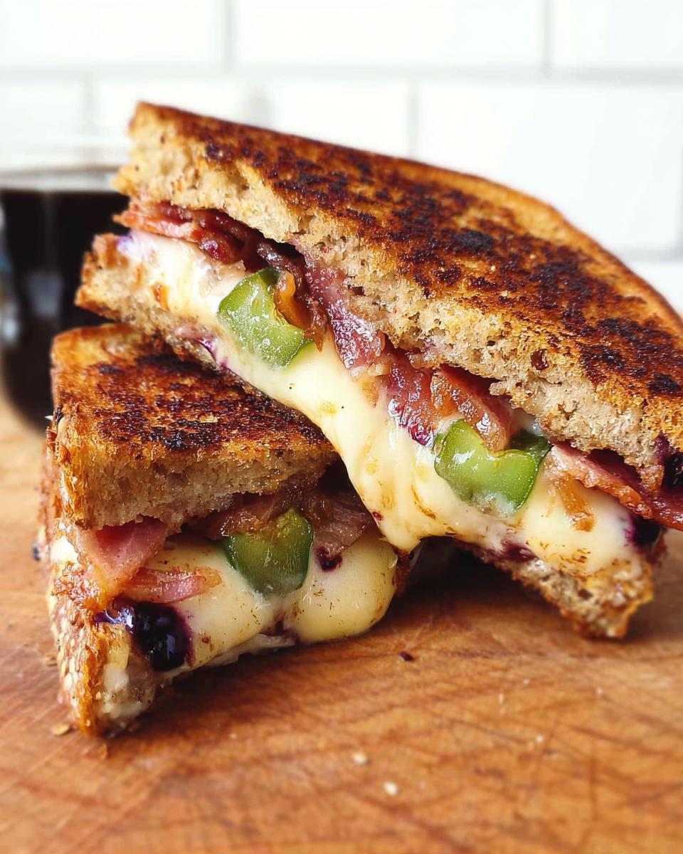 A gourmet blueberry grilled cheese sandwich, cut in half, showing melted cheese, blueberries, and bacon.