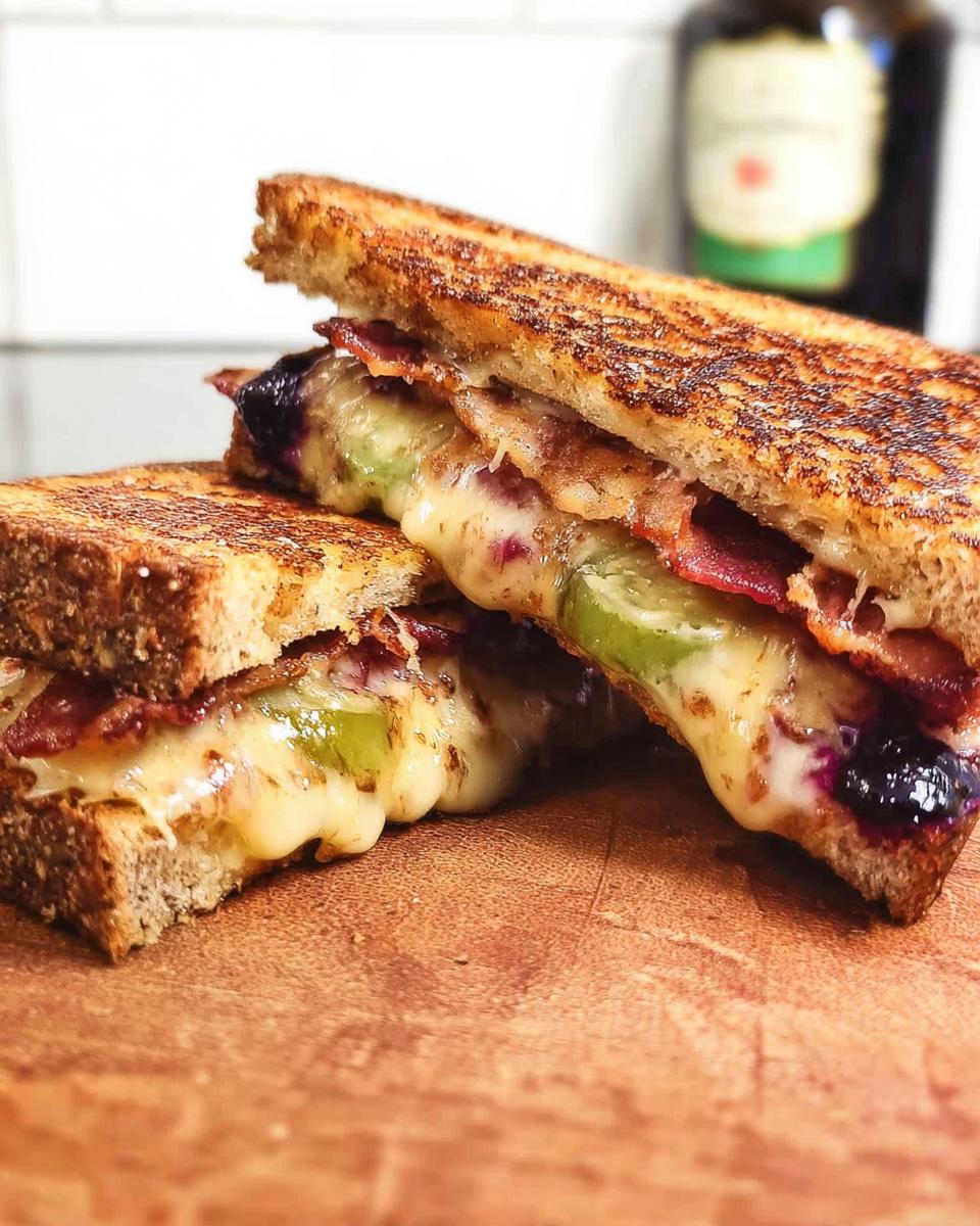 A close-up of a gourmet blueberry grilled cheese sandwich, oozing with melted cheese and layered with crispy bacon.
