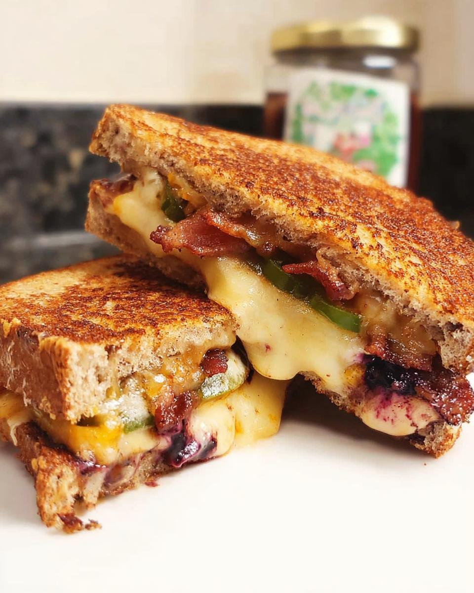 A gourmet blueberry grilled cheese sandwich, cut in half, showing melted cheese, bacon, and blueberries.