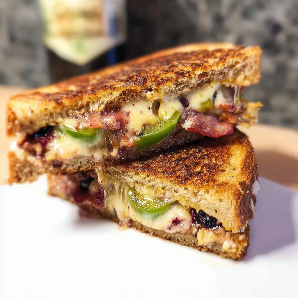 A gourmet blueberry grilled cheese sandwich, cut in half, revealing melted cheese, blueberries, and green peppers.
