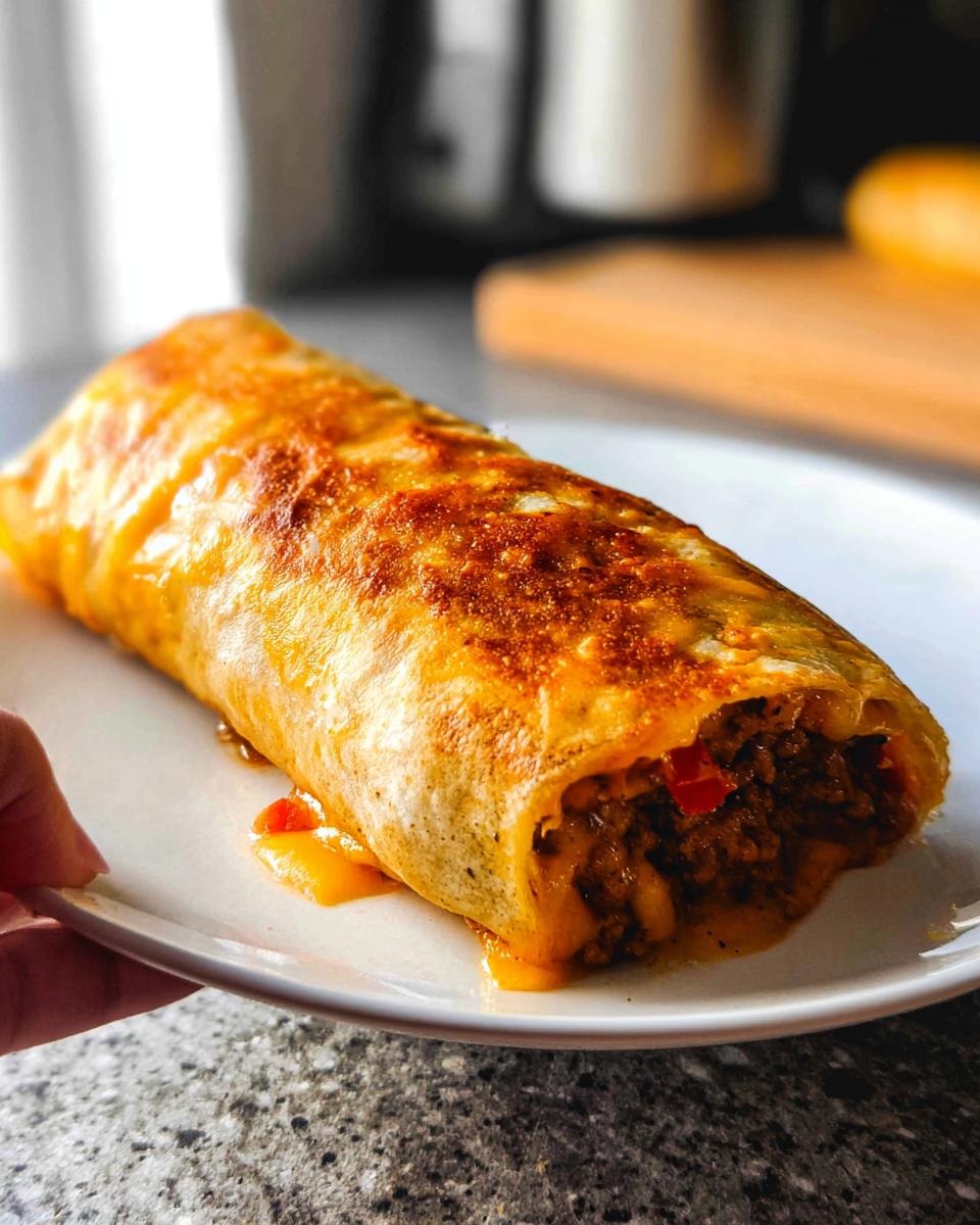 A golden-brown grilled cheese burrito filled with seasoned ground beef and melted cheese, served on a white plate.