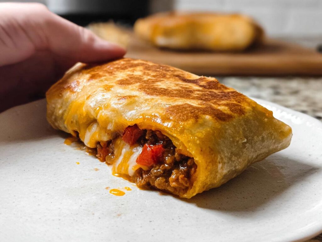 A close-up of a delicious Grilled Cheese Burrito Made Easy, showing the cheesy, meaty filling spilling out.