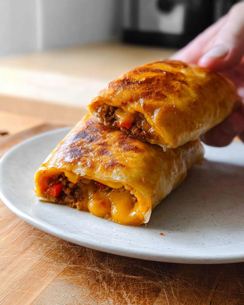 A close-up of a grilled cheese burrito made easy, cut in half, revealing melted cheese and seasoned meat filling.