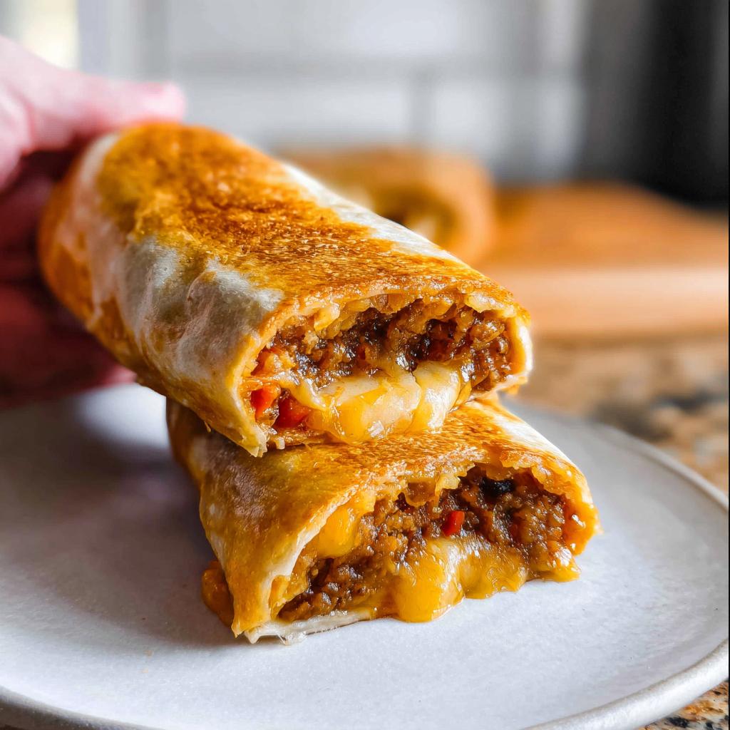 A delicious Grilled Cheese Burrito made easy, cut in half to show the gooey melted cheese and savory filling.